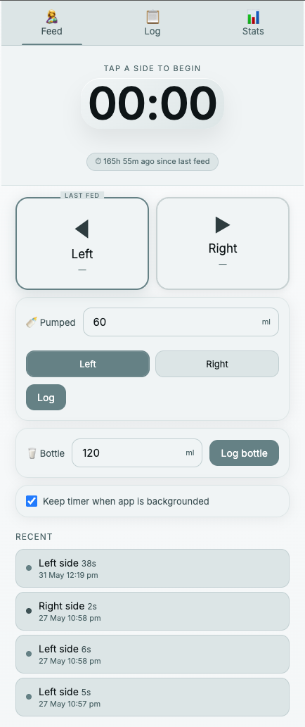 Nursing Tracker home screen
