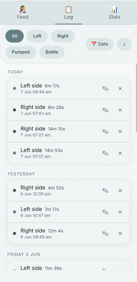 Nursing Tracker log view