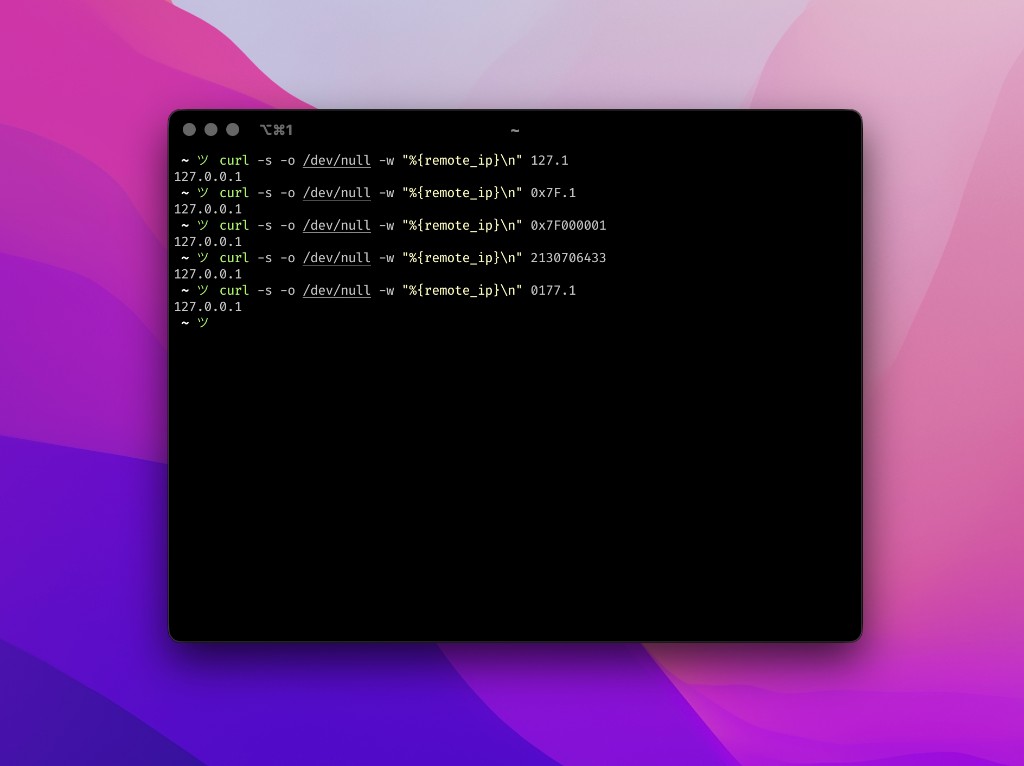Five curl invocations with abbreviated, hex, decimal, and octal forms of localhost, each printing remote_ip 127.0.0.1