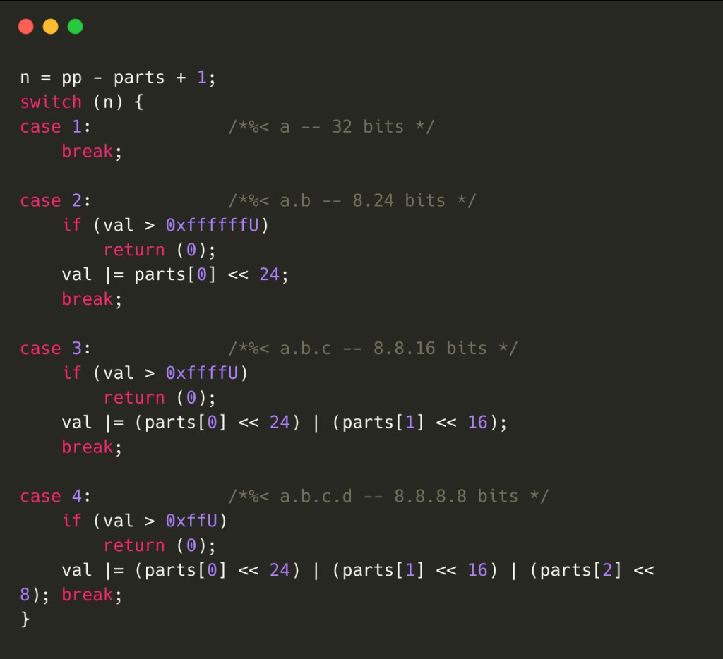 Switch on part count in inet_aton: case 2 is a.b as 8.24 bits, case 3 is a.b.c as 8.8.16, case 4 is a.b.c.d as 8.8.8.8