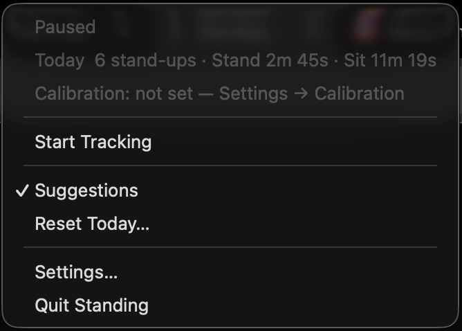 Standing menu bar